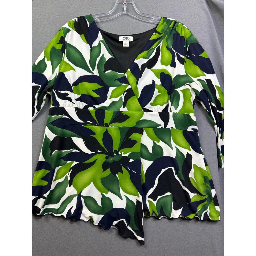 Cato Womens XL Green Navy Floral Leaf V-Neck Surplice 3/4 Sleeve Top Blouse